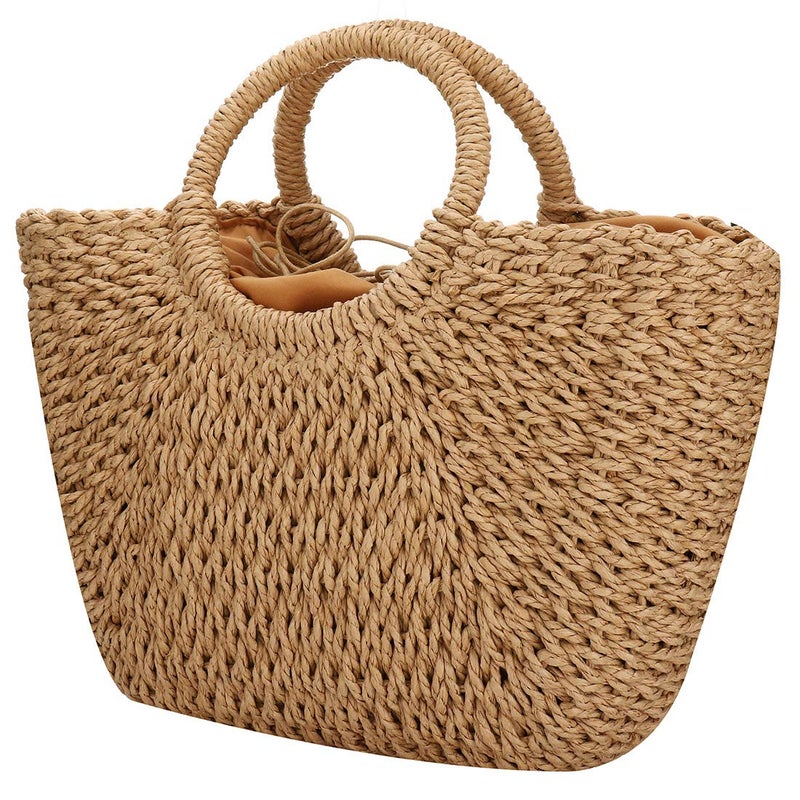 EROUGE Natural Chic Straw Bag Hand Woven Round Handle Handbags Retro Summer Beach Bag (Coyote brown) - Image 1